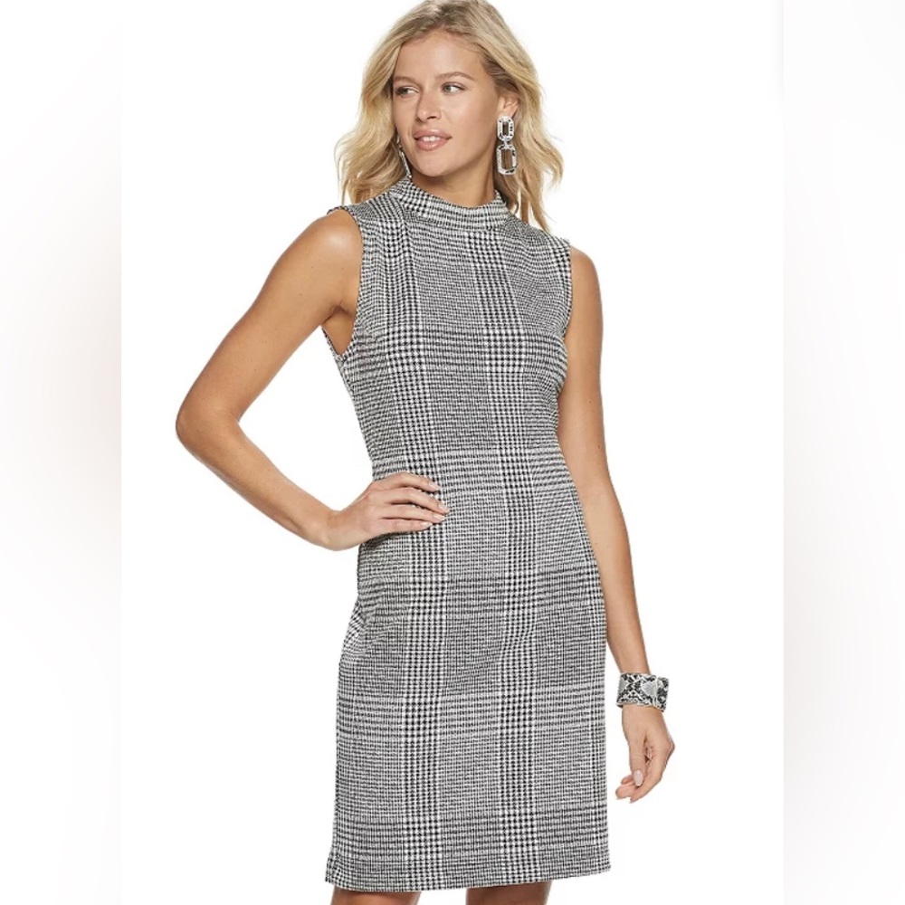 Sharagano High Neck Sleeveless Zipper Back Multi Print Tweed Dress- Size 6